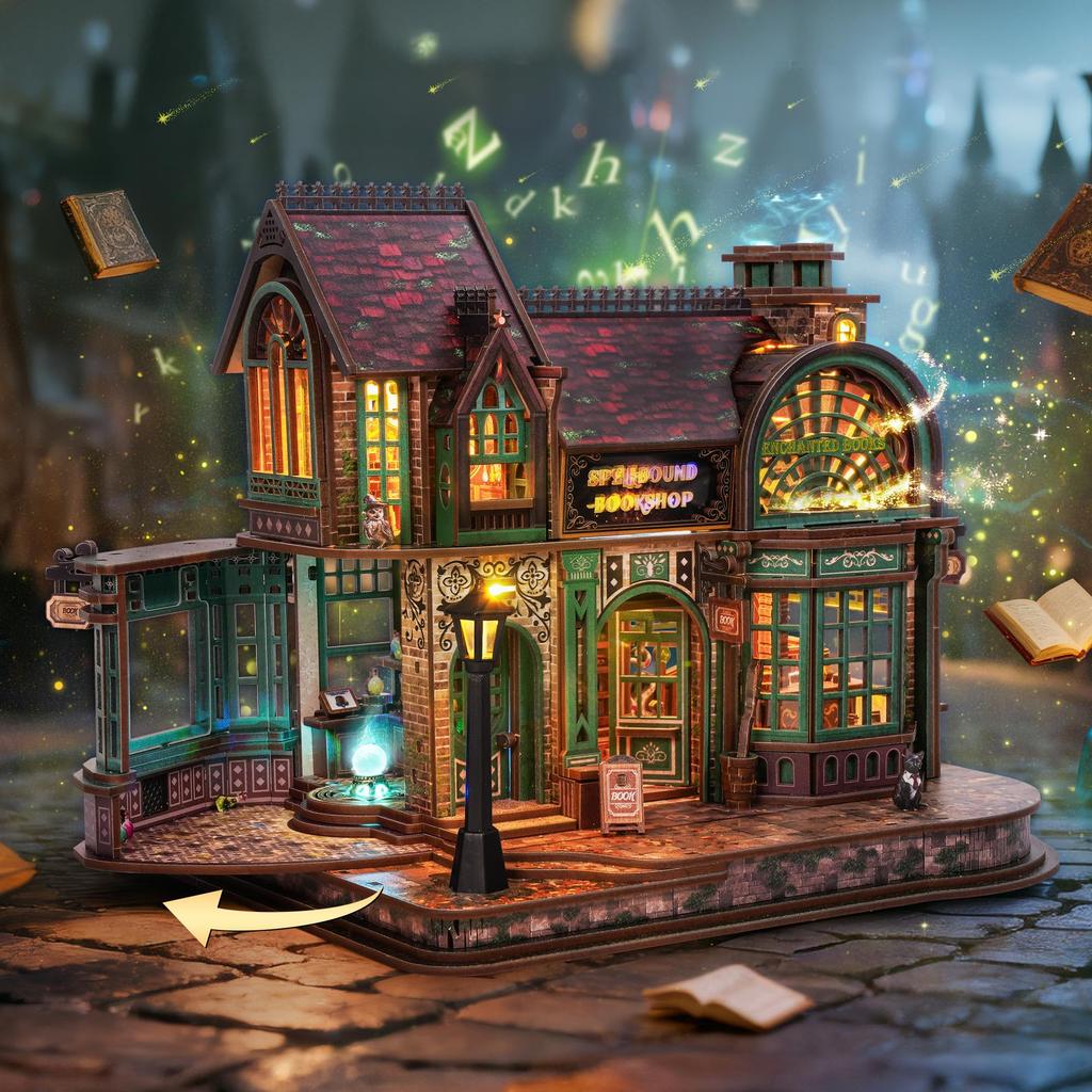 FUNPOLA Magical Bookstore V2 3D Wooden LED Assembly Difficult DIY Architectural Model for Interior English Instructions 447 Pieces Puzzle, Light-Up