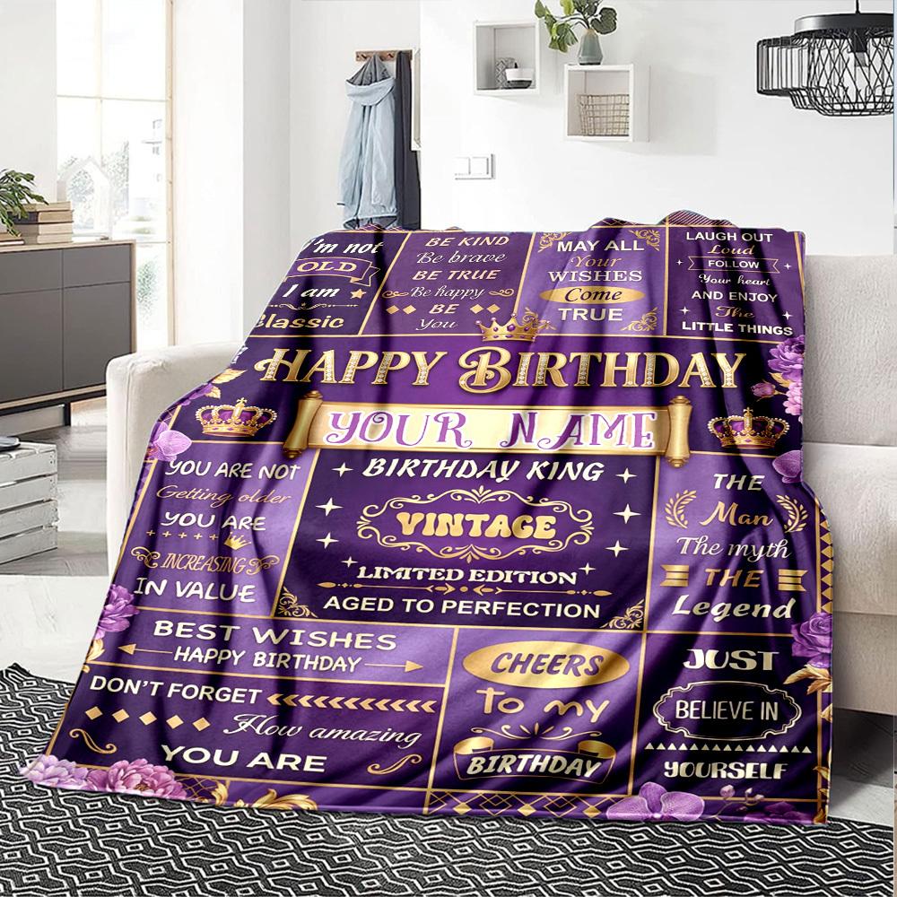 Vintage Birthday Celebration Blanket Personalized Name Soft Warm And Versatile For Sofa Bed Office And Travel Machine Washable Comfortable In All