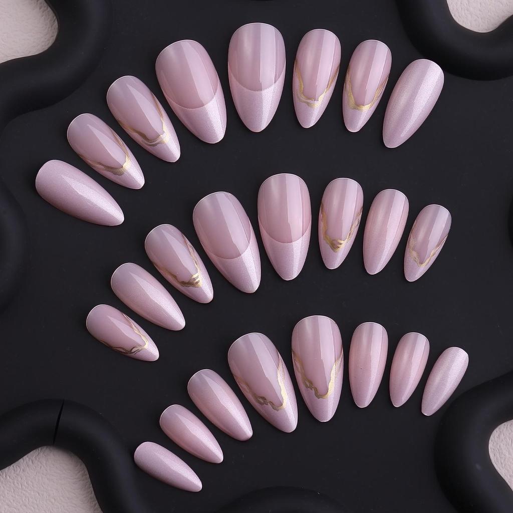 Elegant Nude Pink Gold Foil Almond-Shaped Wearable Nails with French Gold Line Design