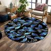 Blue Leaves Pattern On Black Background Print Round Rug, Living Room, Bedroom, Playroom Carpet, Non Slip Floor Mat, Gift