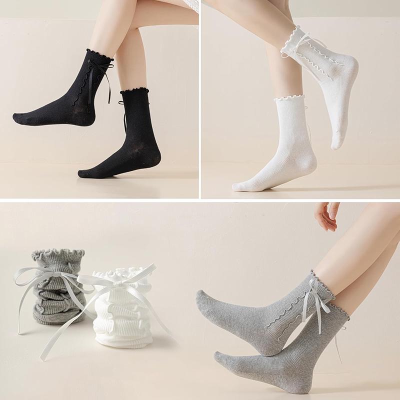 Womens Crew Ruffle Socks Cute Frilly Casual Socks Ribbon Bow Knit Cotton Lettuce Adorable Socks 3 Pack