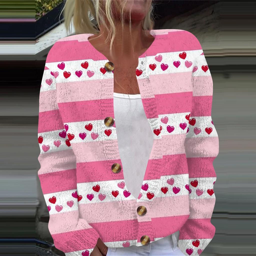 Women's Fashion Printed Valentine's Day Long Sleeved Knitted Cardigan Button Down Jacket