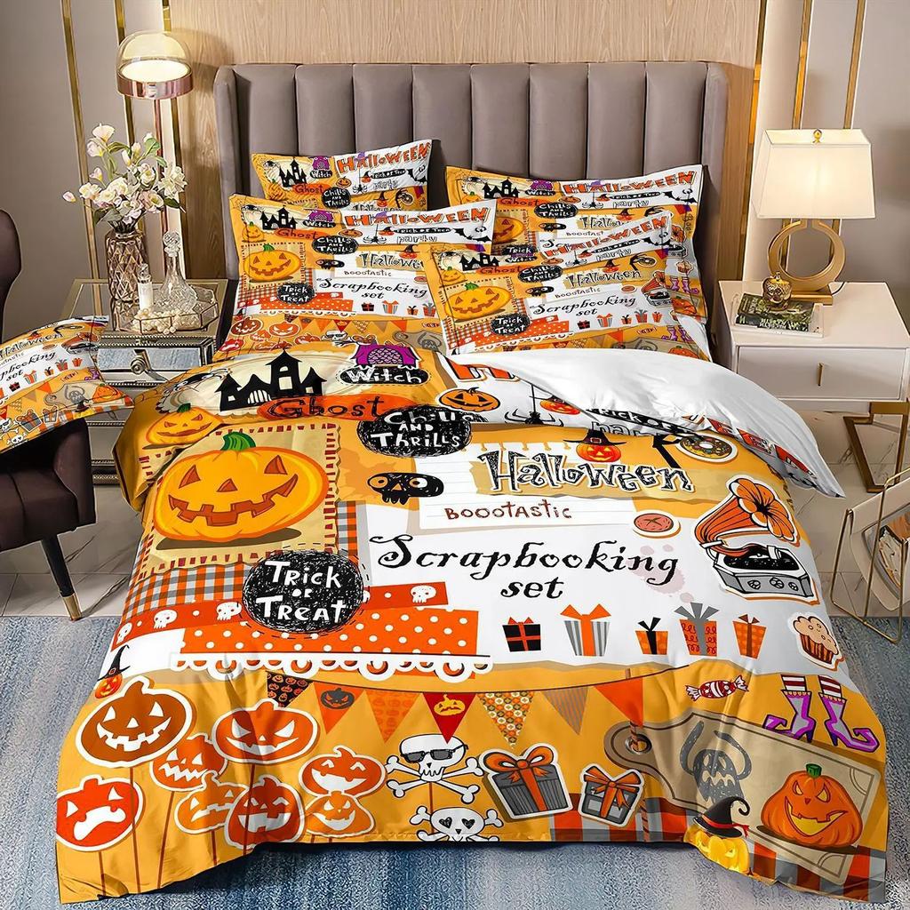 Halloween Bettbezug 3D Digitaldruck Bettwäsche Dreiteiliges Set Kürbis Fledermaus Kissenbezug