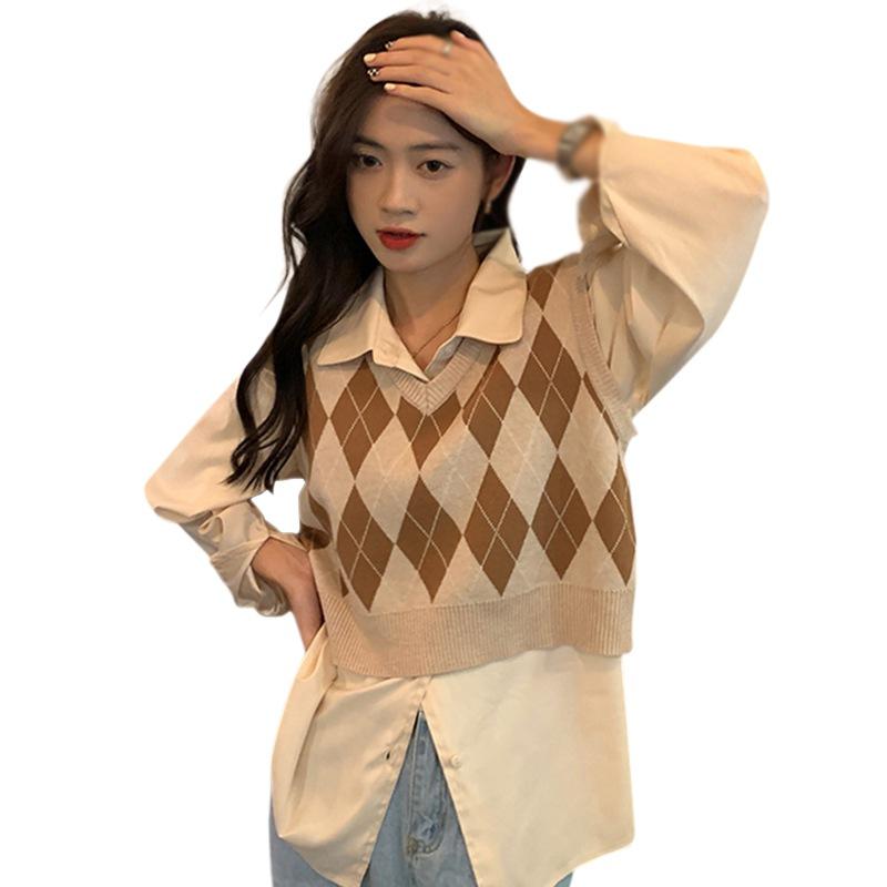 Svetr Vesta pro ženy Výstřih do V Volný střih pulovry Pletená vesta Preppy Style Argyle podzimní pletené zboží bez rukávů