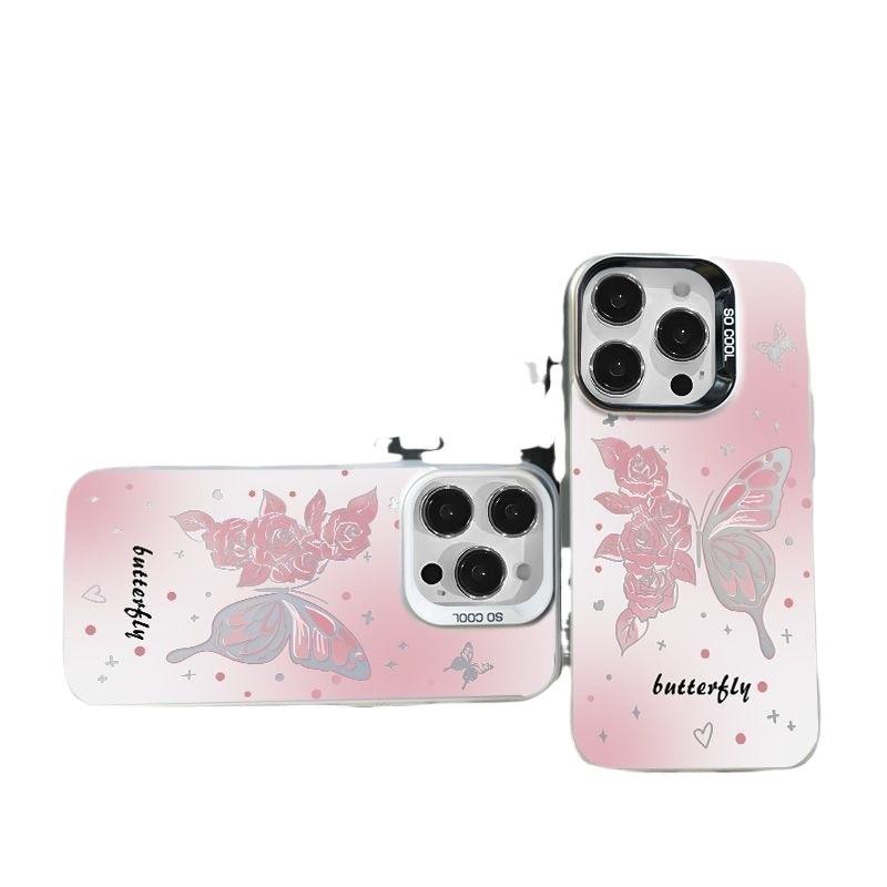 Apple 15 Pro Max Colorful Silver Phone Case (14/13/12), Creative Trendy Style, Cute Butterfly Rose Colorful Silver