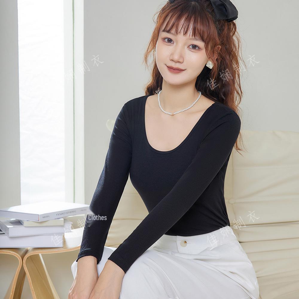 Versatile Autumn Modal Base Layer Shirt with Chest Pads, Slimming Long-Sleeve Round Neck, Wear Alone or as Inner Layer.