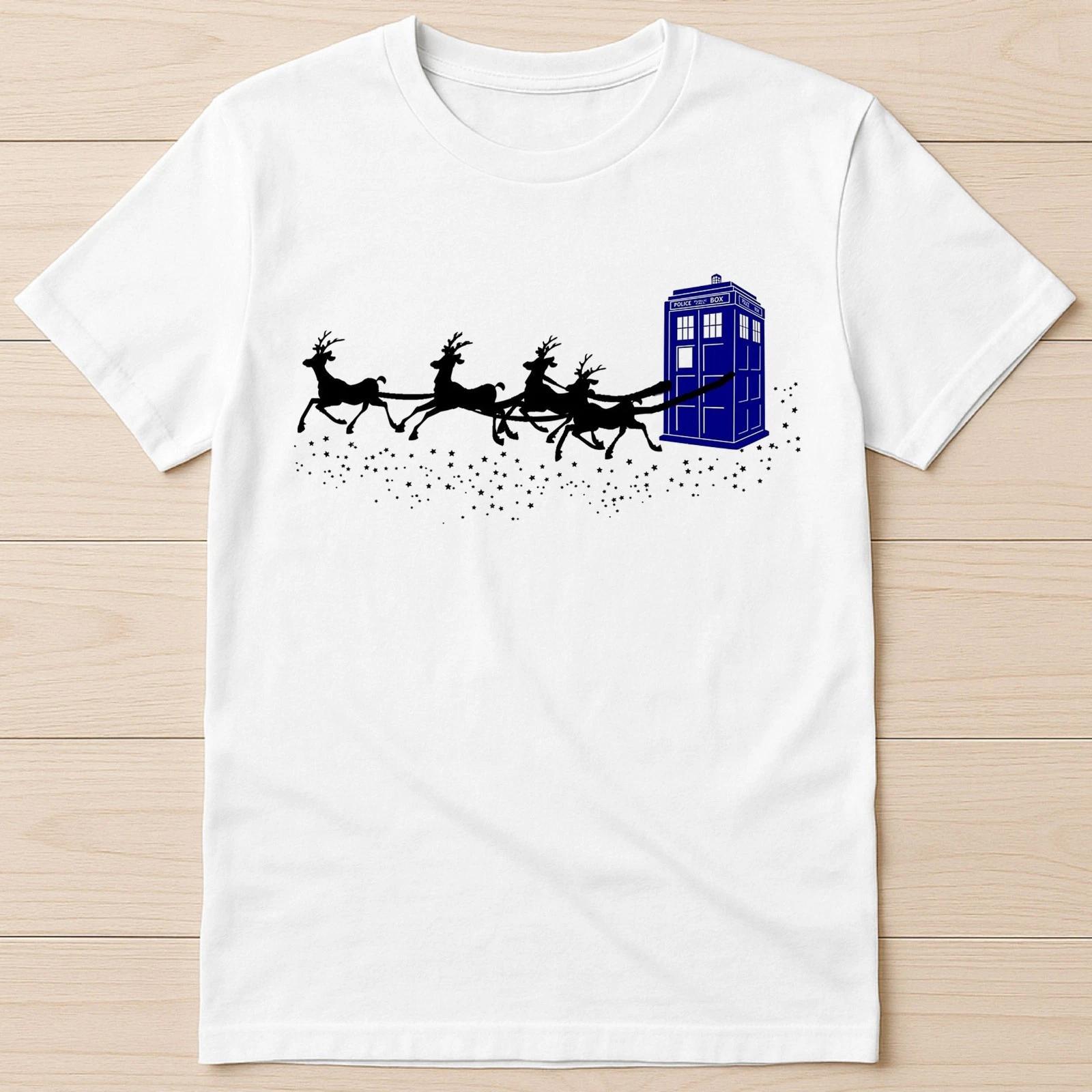 The Doctor Who Christmas Police Phone Box Flying Deer Star Gift Tee T Shirt 1405 3XL