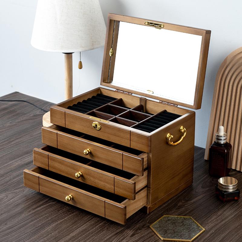 Exquisite Vintage Solid Wood Jewelry Box with Lock for Necklaces, Earrings, and Rings