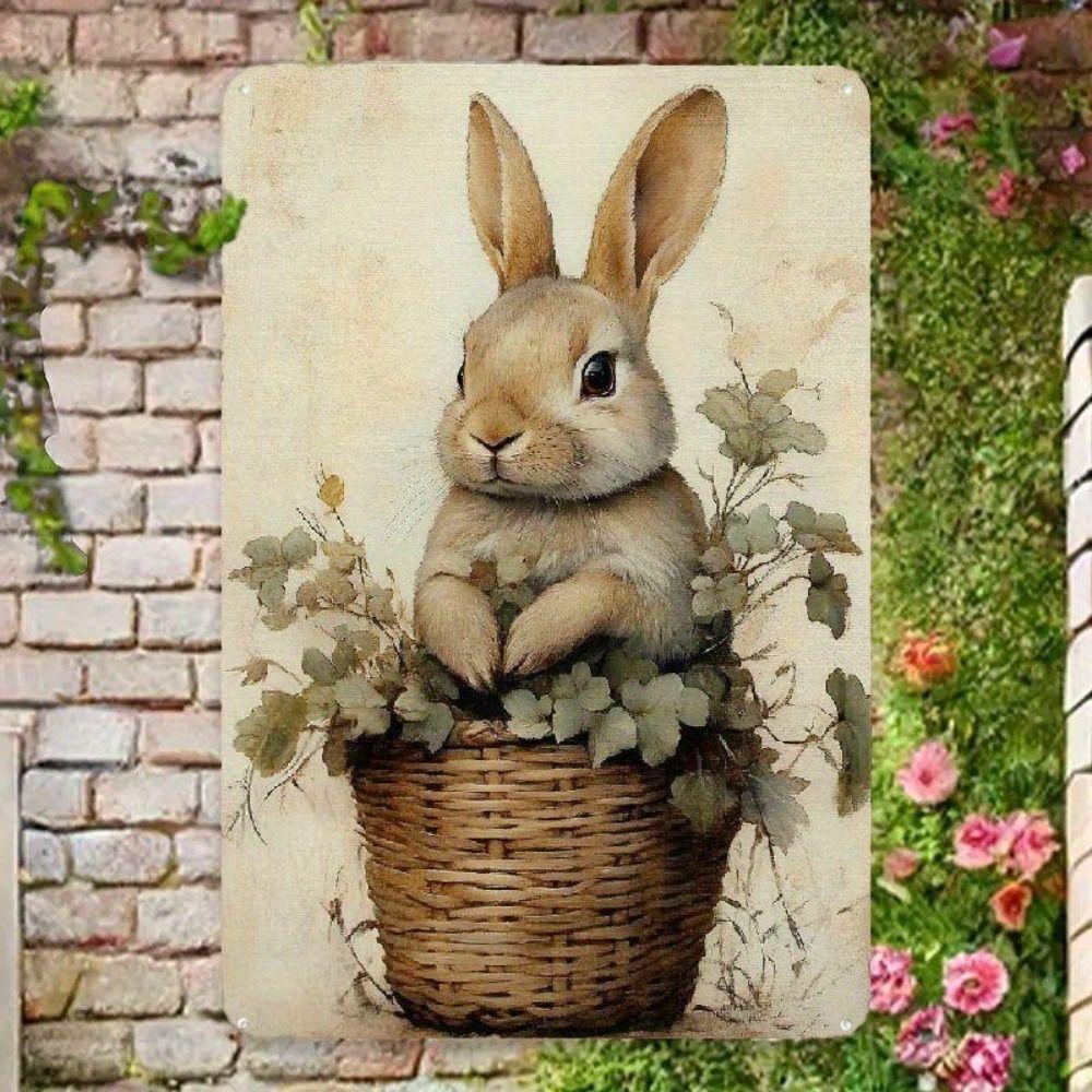 Tin Sign Retro Easter Rabbit Floral Wall Art Home Holiday Decor Metal Poster