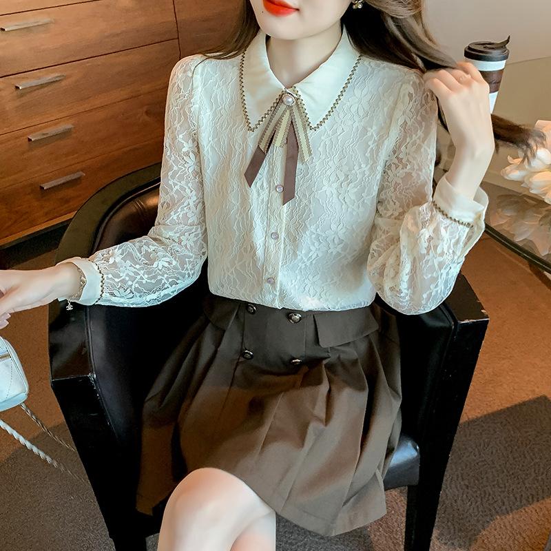 College Style Long-sleeved Shirt for Ladies In Spring New Style, Fashionable Small Fragrance Style Lace Top