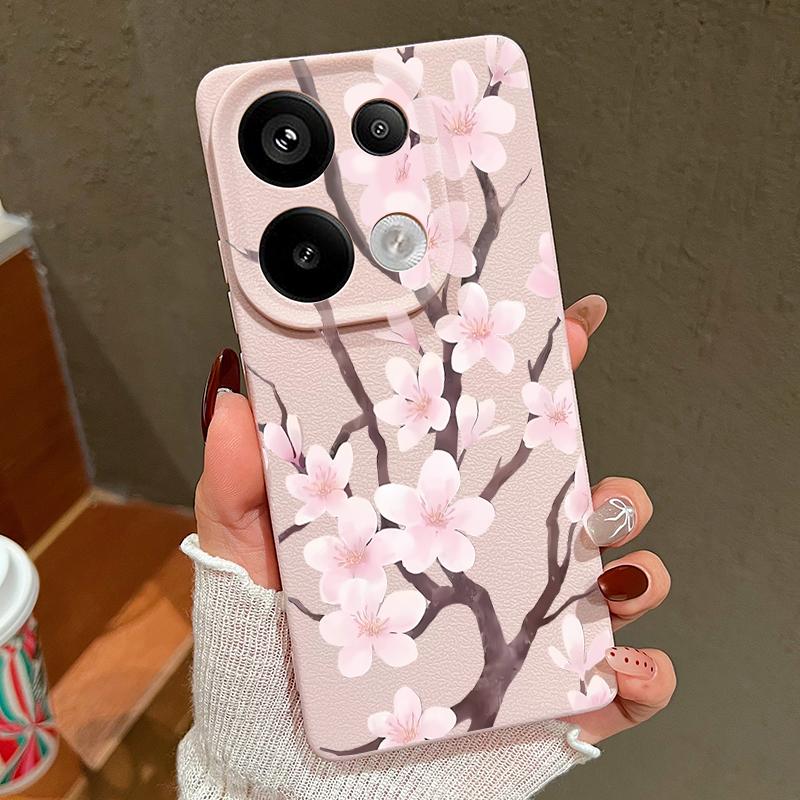 Hand-drawn Style Sakura Pattern Case For Xiaomi 14T 13T 11T Pro Funda Redmi Note 14 13 Pro 5G 12 11 Leather Texture Silicone Cover