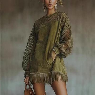Amazon Independent Station Cross-border New European and American Crew Neck Mesh Sleeve Long Sleeve Tassel Dress Women