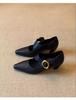 Sheepskin version~ French thick heel pointed single shoes women's shallow mouth versatile one-word buckle temperament retro Mary Jane high heels