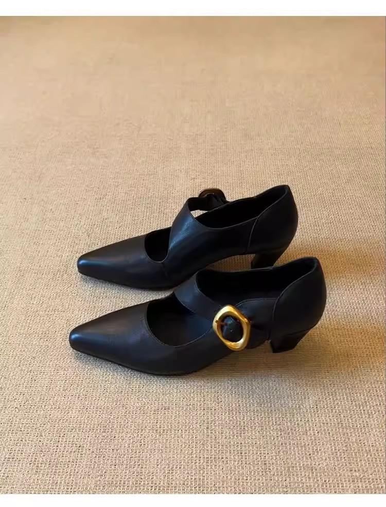 Sheepskin version~ French thick heel pointed single shoes women's shallow mouth versatile one-word buckle temperament retro Mary Jane high heels