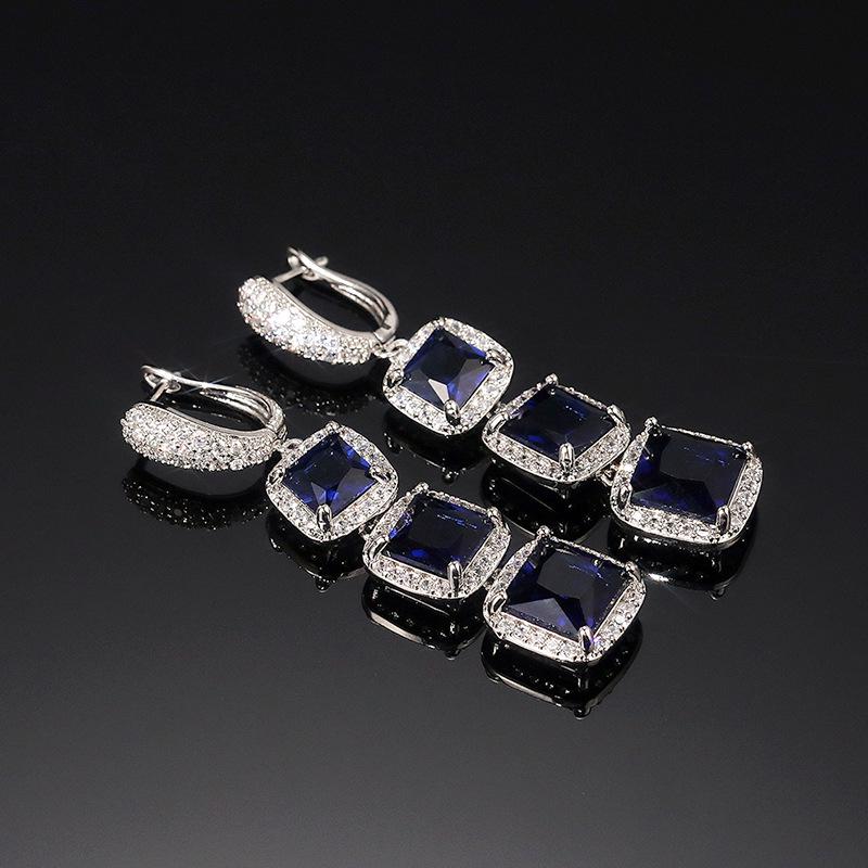 Europejskie i Amerykańskie Luksusowe Błyszczące Kwadratowe Kolczyki z Cyrkoniami i Kolorowymi Kamieniami Szlachetnymi