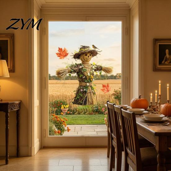 Creative Thanksgiving Gift Scarecrow Window Stickers with Realistic Maple Leaf, Pastoral Decals, Waterproof Durable Film PVC Static Clings for