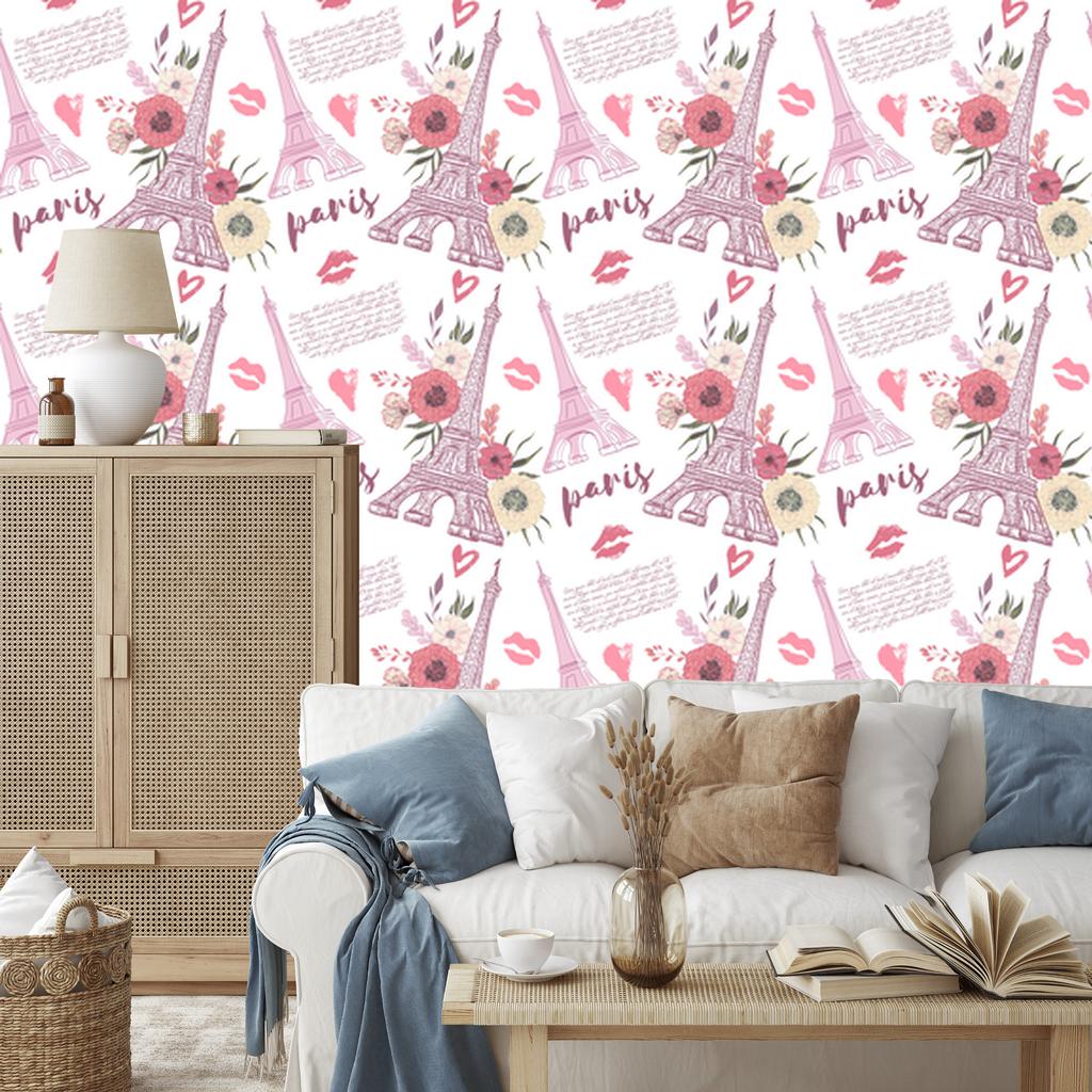 Eiffel Tower wallpaper with flowers and hearts for living room and bedroom 50x1000