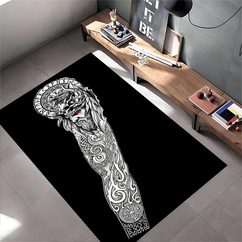 Area Rug, Norse Viking Warrior Tattoo Runes Raven Red Eye Black White Print, Man Cave Decor, Non-Slip Mat