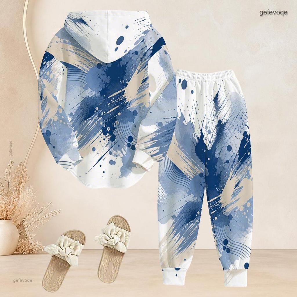 Women Plus Size Blue White Printed Two Piece Set Long Sleeve Hooded Top Cuffed Pants