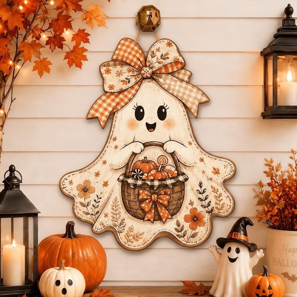 2D Flat Halloween Ghost Wood Door Hanger Rustic Style Whimsical Fall Harvest Door Plaque Cartoon Pattern Fade Resistant