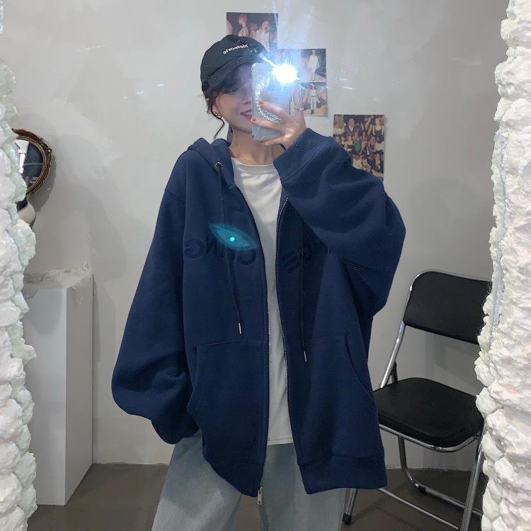 Women's 65% Cotton Embroidered Hooded Sweatshirt - Korean Style Loose Zip-up Jacket (2025 Student Collection)