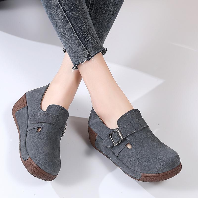 Women Leather Loafers Retro Walking Shoes Non-slip Platform Wedges Ladies 5cm High Comfortable Casual Shoes