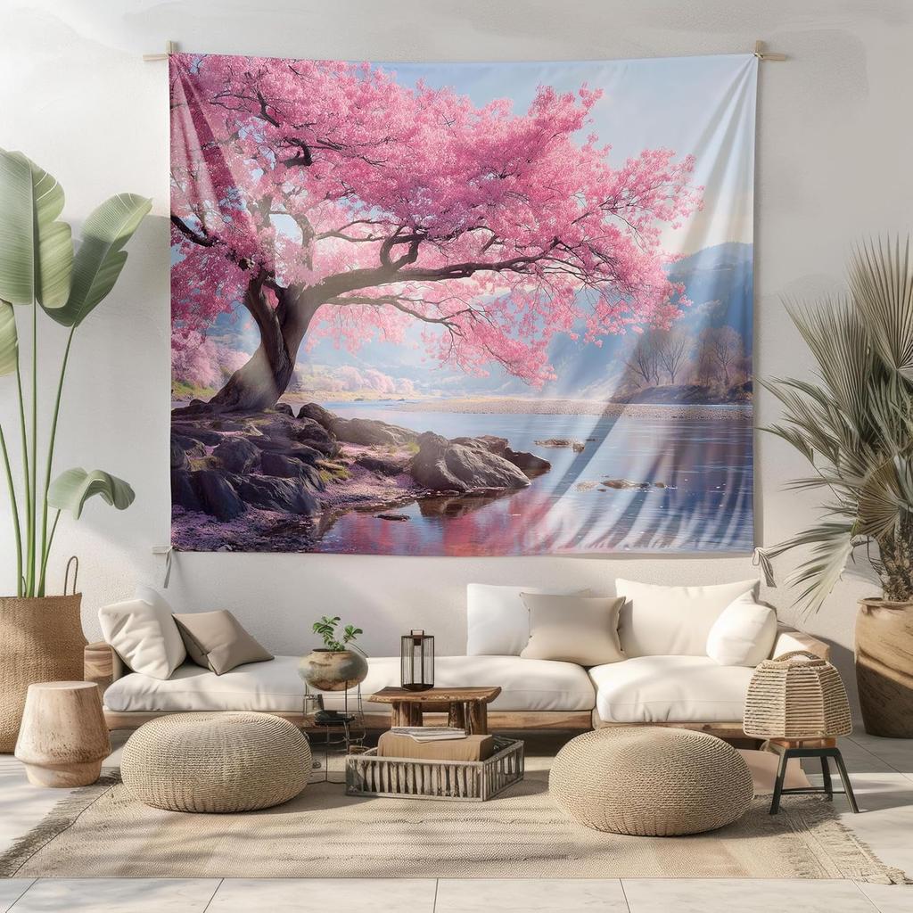 Cherry Blossom Tree Tapestry - Japanese Sakura Landscape Wall Art, Zen Nature Scenery Aesthetic, Spring Pink Floral Room Decor