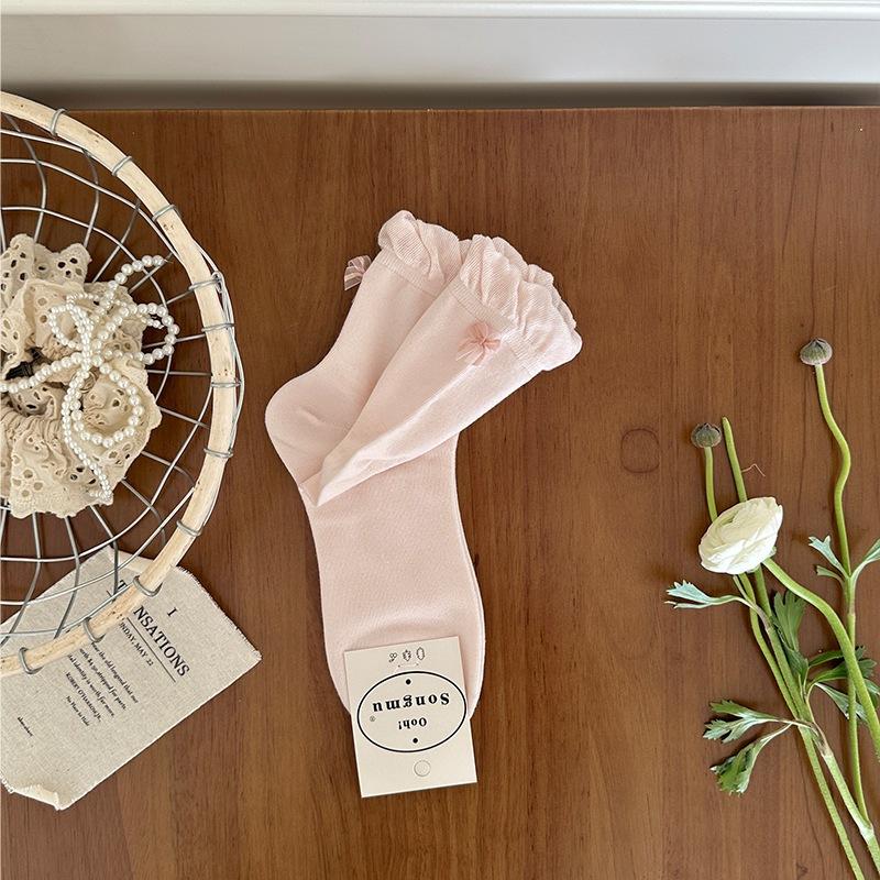Embroidered Bowlace Ankle Socks for Children, Mid-length Stockings, Suitable for Spring and Summer, Made of Pure Cotton, Versatile for Ballet Style.