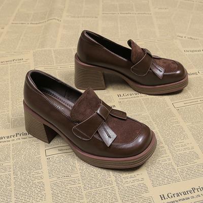 Fashion 2024 New Loafers Chunky Burst Brown Leather High-heeled Pumps Luxury Woma Heel Platform British Style Women's Shoes Plus Size 40