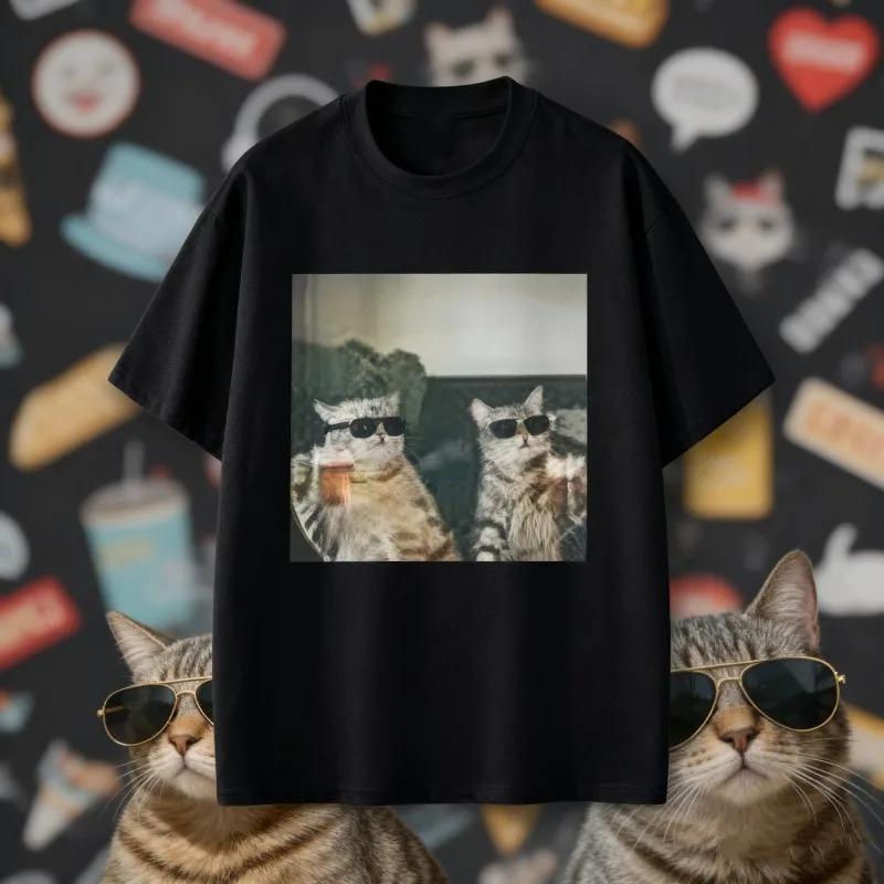 Хлопковая футболка с принтом смешного мема  Кот пьет пиво  Мужская Повседневная Винтажная футболка Модная футболка с круглым вырезом S