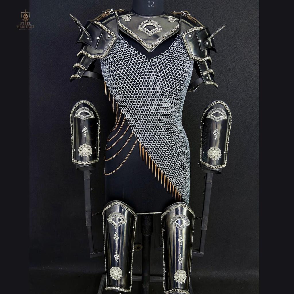 Women's Fantasy Warrior Costume with Chainmail and Shoulder Guards for LARP Cosplay Renaissance Faire