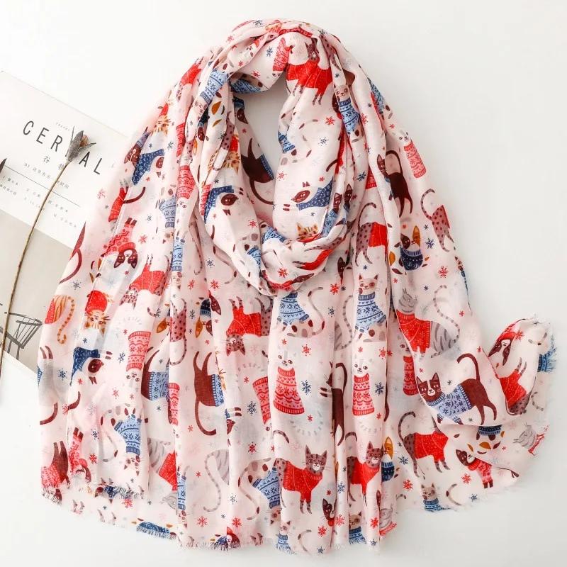 Luxury Women Viscose Scarf Summer Beach Shawl Long-Tailed Cat Print Cotton Linen Feeling Tassel Muslim Hijab Wrap Turban