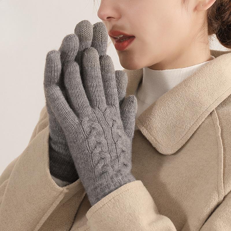 Winter Women's Double Layer Warm Touch Screen Knitted Gloves Wool Cold Proof Solid Color Plus Velvet Thickened Men's Outdoor Cycling Gloves