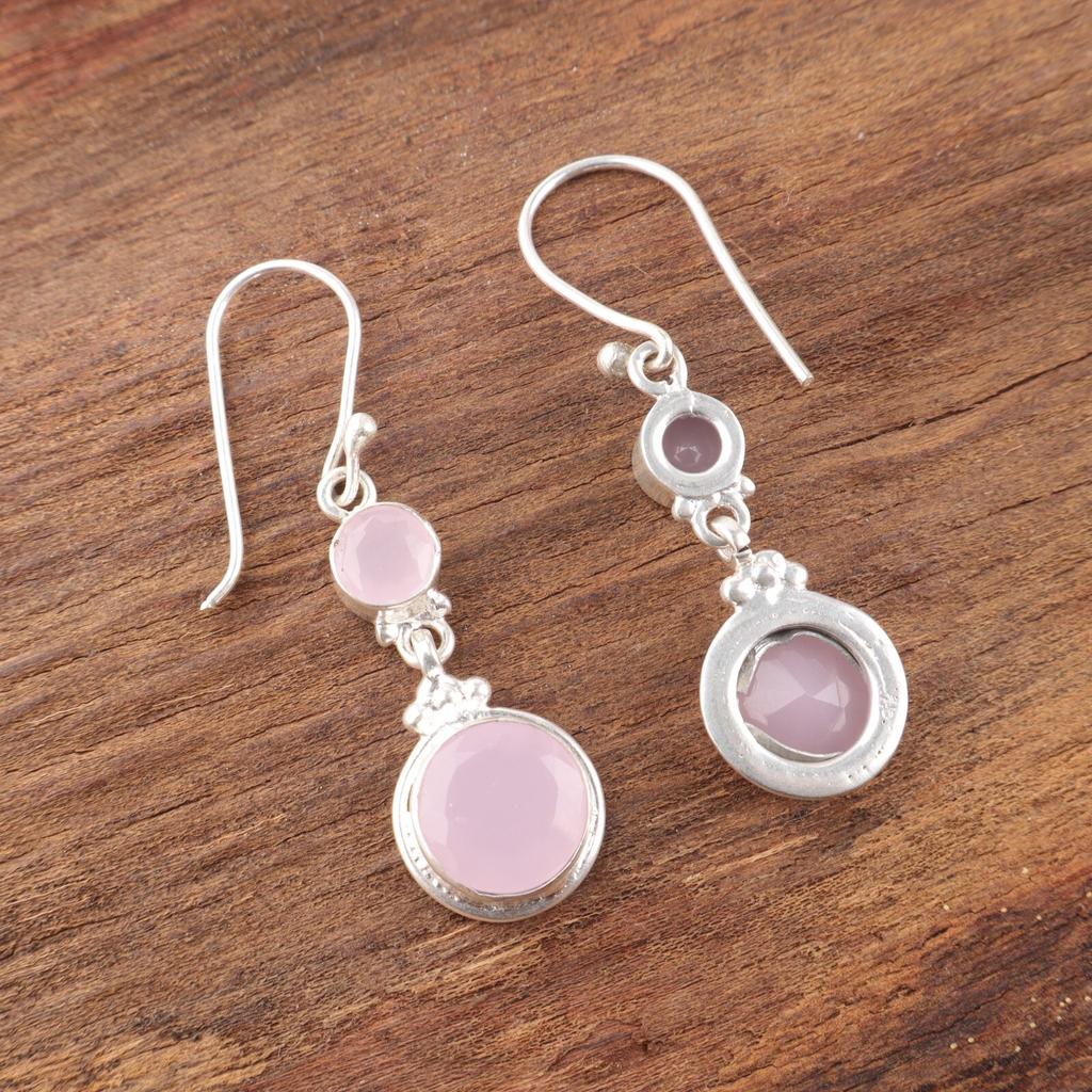 Rose Chalcedony Gemstone 925 Sterling Silver Handcrafted Jewelry Earrings 1.75" EE-160-16