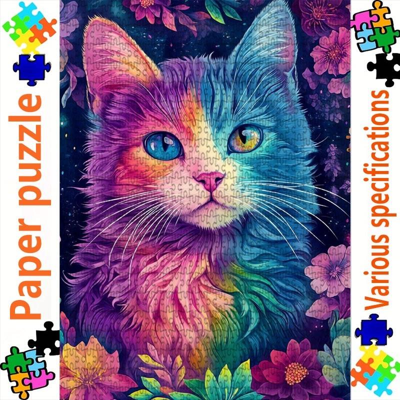 1000pcs Large Adult Jigsaw Puzzle, Multiple Specifications Available, Vibrant Rainbow Cat & Flowers Art Design, Cardboard Material, Ideal for Family &