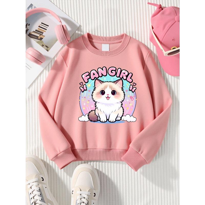 Girls' Crew Neck Sweatshirt Cute Cat Fan Girl Sticker, Soft Cozy Pullover, Warm Casual Outfit for Autumn And Winter