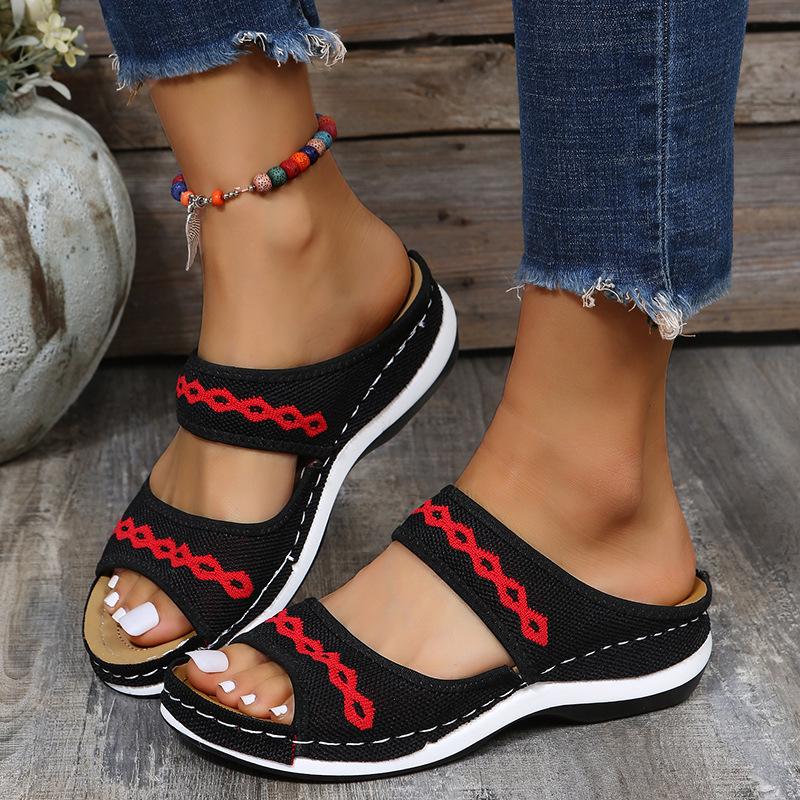 Women's Low-Heel Fly-Knit Embroidered Slip-On Sandals - Plus Size Available