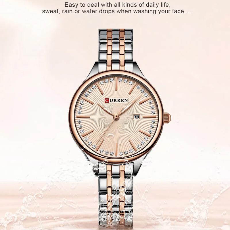 CURREN-Ladies' Luxury Rhinestone Inlaid Fashionable Business Quartz Watch Stainless Steel Simple Waterproof Luminous Calendar Watch