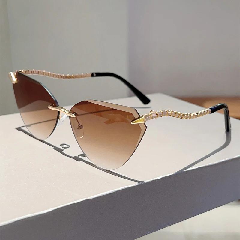 Rimless Cat Eye Sunglasses Women  New Stylish Vintage Gradient Casual Shades Trendy Luxury Brand Design Sun Glasses