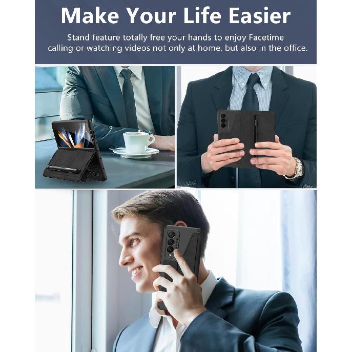 for Samsung Galaxy Z Fold 4 Case [with S Pen Holder & Card Holder][Kickstand for Full Screen Viewing][Wireless Charging Protective Cover] Slim PU