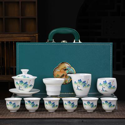 High-grade Suet Jade White Porcelain Ink Bowl Cover Kung Fu Tea Set Gift Box, a Complete Set of Bowl Cover Ceramic Souvenirs