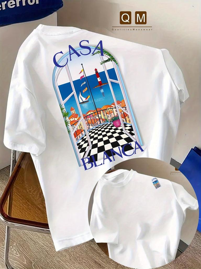 Herren T-Shirt mit marokkanischer Stadtarchitektur Stranddruck Reiner Baumwollstoff mit Casablanca Schriftzug - Sportliches und lässiges Damen YTK T-Shirt