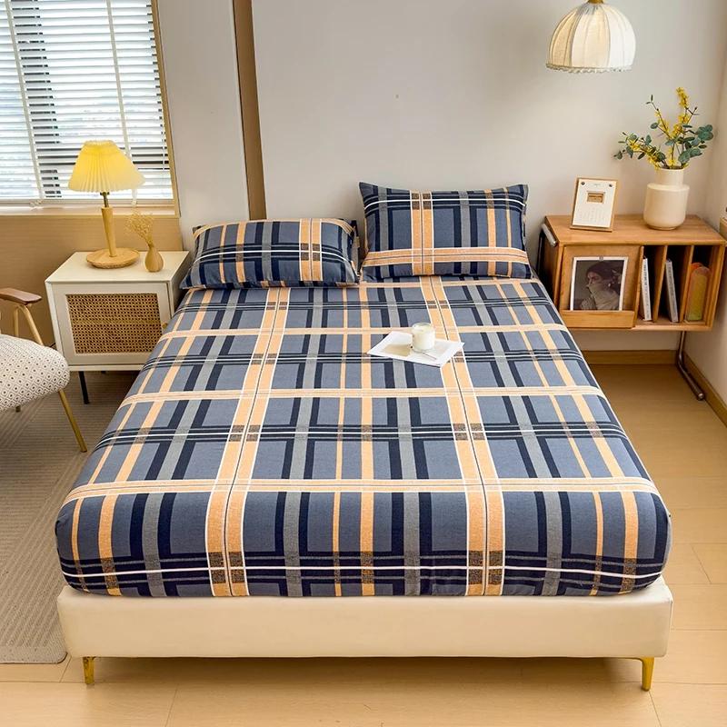 Blue Check 100% Cotton Fitted Sheet, Set Soft Thick Bed Cover with 2 Pillowcases, Hotel Luxurious Geometric Line Theme Bedding