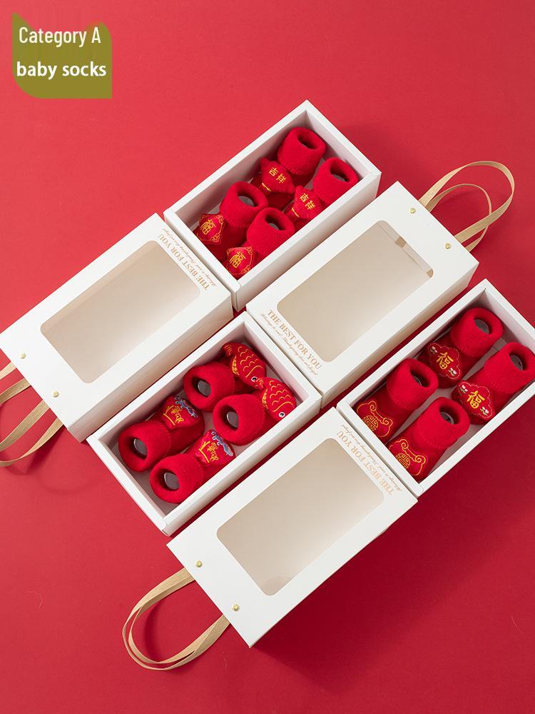 Infant Winter Socks Gift Set: Red Thick Terry Cloth Non-Slip Gel Dot Floor Socks for Baby's First New Year.