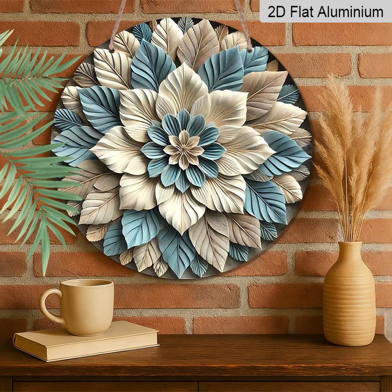 2D Flat, 1pc Round Art Metal Aluminum Wall Decor - Blue and White Leaf Floral Vintage Decorative Plaque, Suitable for Indoor/Outdoor, Durable for