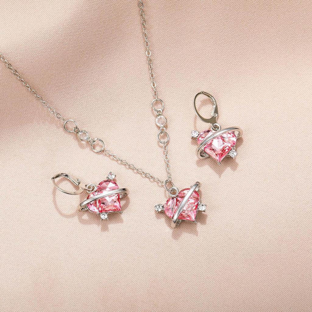 Fashion Crystal Heart Planet Pendant Necklace Earrings for Women Zircon Aesthetic Charm Clavicle Chain Party Jewelry