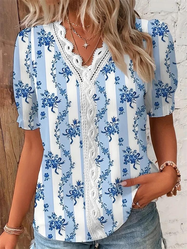 Damen V-Ausschnitt Splice Spitzendekoration Pullover Shirt Elegante Botanische Blumen Drucke Weibliche Bluse Sommer Casual Kurzarm Top
