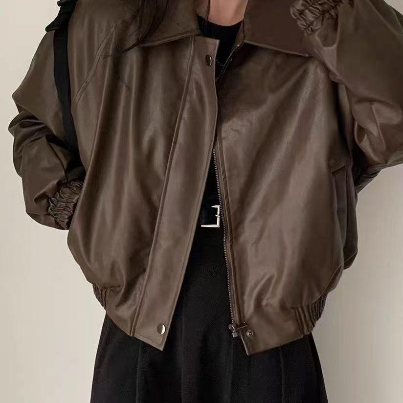 Women's Korean-Style Plush Lined Leather Jacket, Loose & Thickened, Petite Short Top for Autumn/Winter 2025