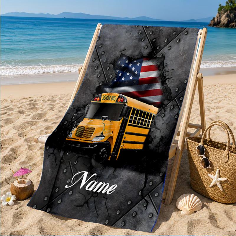 Custom Name Beach Towel School Bus Adventure Microfiber Beach Towel, Lightweight for Summer Travel, Swimming Pool Fan Birthday Gift