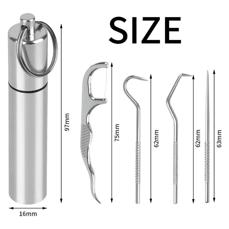 

Набор зубочисток из нержавеющей стали, металлические инструменты для чистки зубной нитью с портативным держателем зубочисток, уличный бытовой дорожный уплотнитель для хранения серебряный